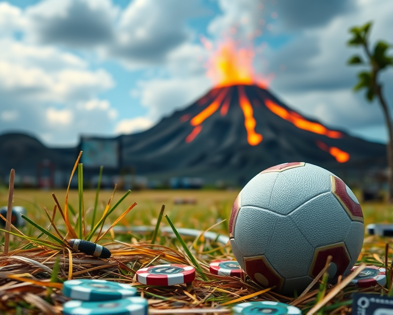 hay, football, poker chip, volcano